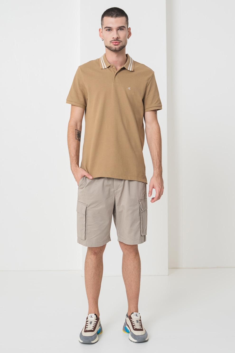 CALVIN KLEIN JEANS, Tricou polo din bumbac, Alb, Maro nisip, S