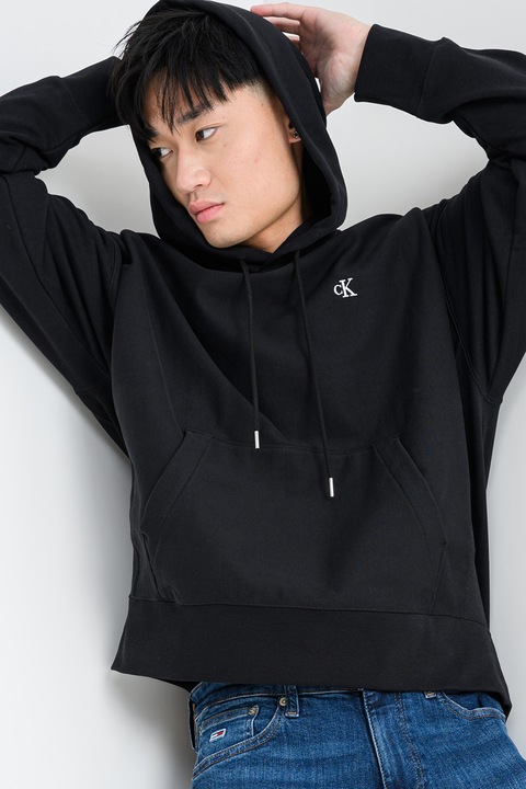 CALVIN KLEIN JEANS, Худи с джоб кенгуру и връзки, Черен