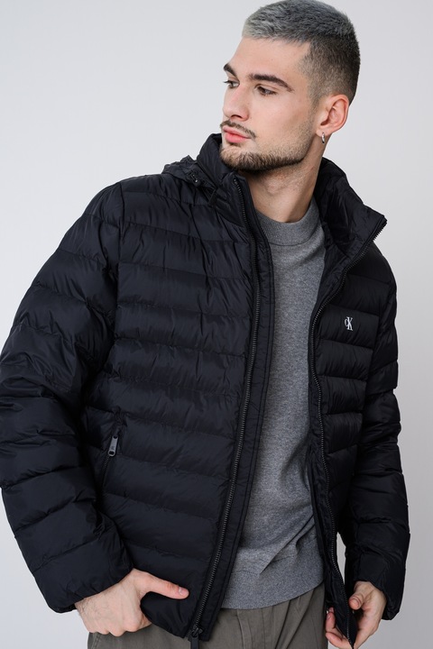 CALVIN KLEIN JEANS, Ватирано яке с качулка, Черен