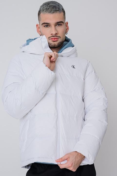 CALVIN KLEIN JEANS, Geaca cu umplutura de puf, finisaj rezistent la apa si fermoar, Alb