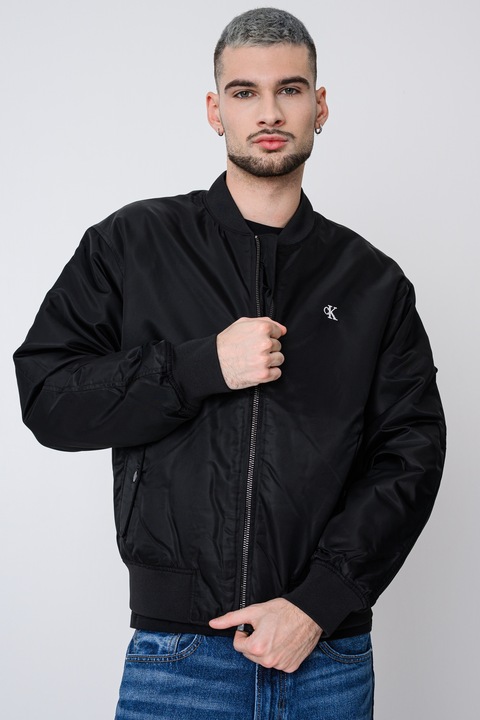 CALVIN KLEIN JEANS, Jacheta bomber rezistenta la apa cu logo, Negru
