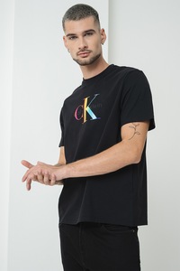 CALVIN KLEIN JEANS, Tricou de bumbac cu imprimeu logo, Negru, Portocaliu, Albastru, M