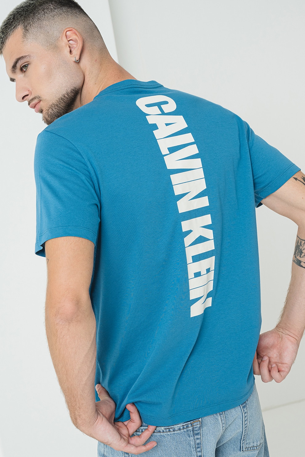 CALVIN KLEIN JEANS, Tricou din bumbac cu imprimeu supradimensionat cu logo pe partea din spate, Albastru pastel, L