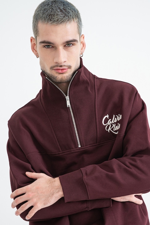 CALVIN KLEIN JEANS, Bluza de trening cu fenta cu fermoar, Maro cognac