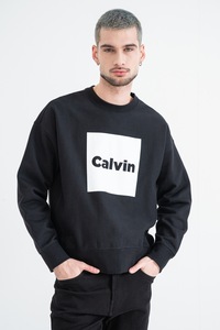 CALVIN KLEIN JEANS, Bluza de trening cu decolteu la baza gatului si imprimeu logo, Alb, Negru, L