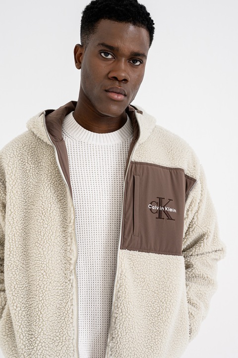 CALVIN KLEIN JEANS, Geaca din fleece cu gluga, Maro/Crem