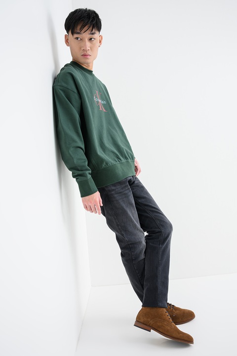 CALVIN KLEIN JEANS, Bluza de trening din amestec de bumbac cu imprimeu logo, Visiniu/Verde englez