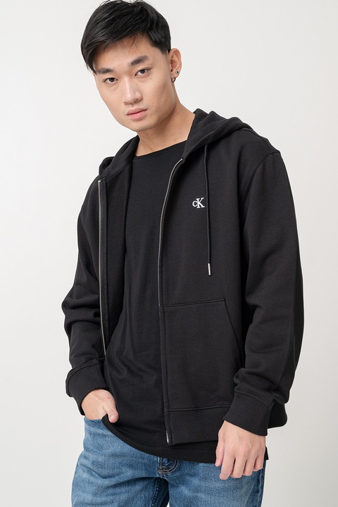 CALVIN KLEIN JEANS, Hanorac cu fermoar si snururi de ajustare, Negru