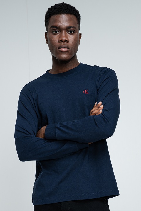 CALVIN KLEIN JEANS, Памучна блуза с лого, Тъмносин