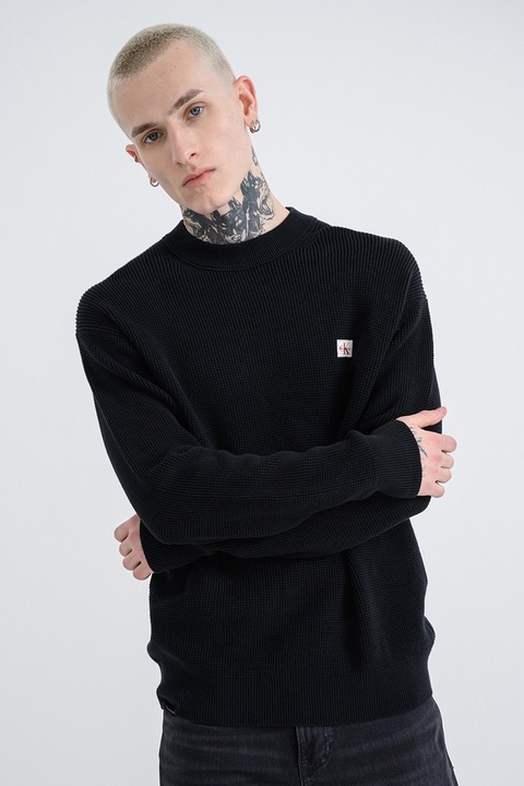 CALVIN KLEIN JEANS, Kötött pulóver logós foltrátéttel, Tengerészkék