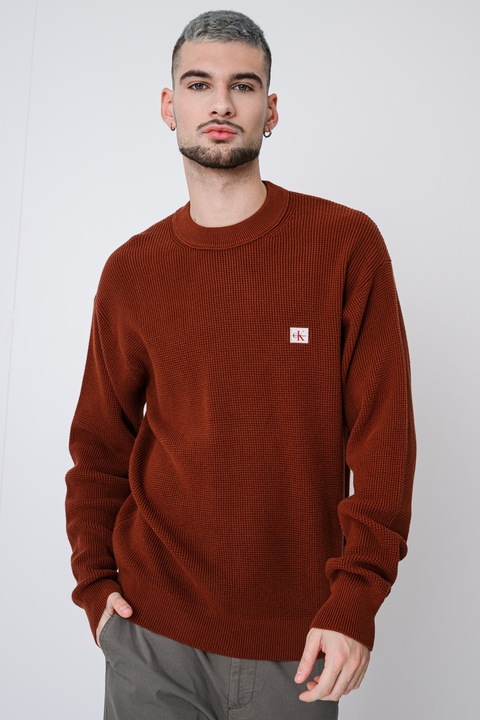 CALVIN KLEIN JEANS, Kötött pulóver logós foltrátéttel, Barna
