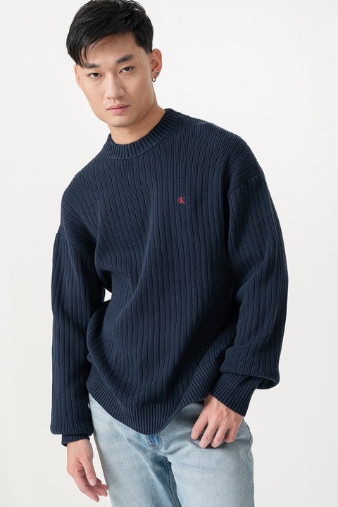 CALVIN KLEIN JEANS, Bordázott pulóver logóval, Sötétkék