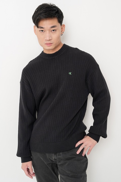 CALVIN KLEIN JEANS, Bordázott pulóver logóval, Fekete