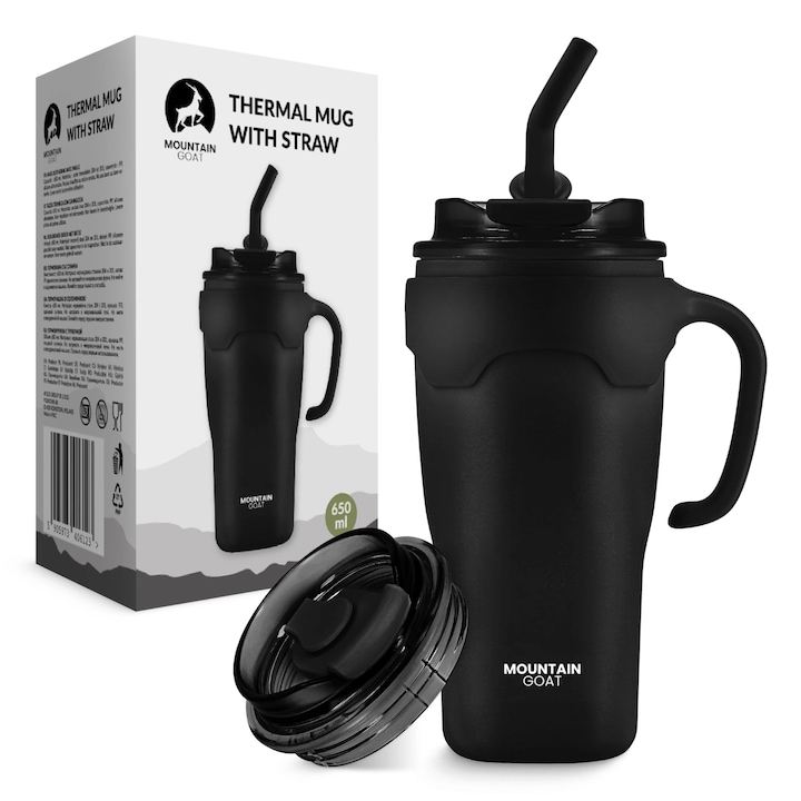 Термо чаша със сламка, Mountain Goat, 650 мл, черна