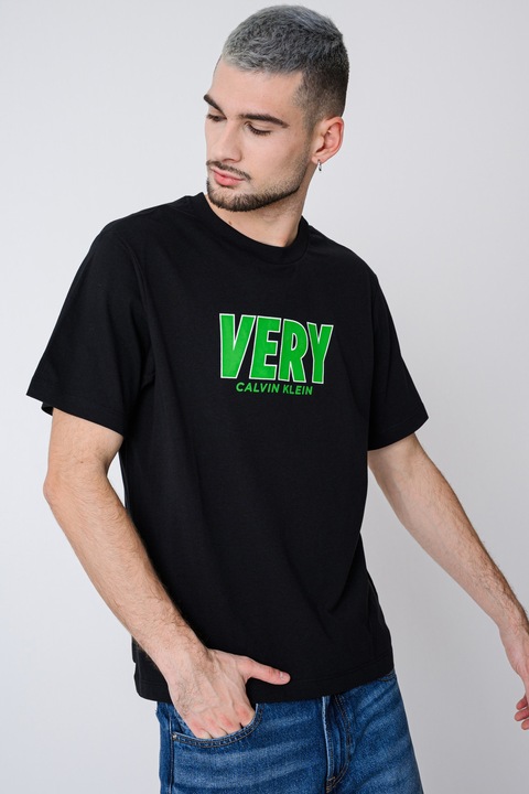 CALVIN KLEIN JEANS, Tricou cu decolteu la baza gatului si imprimeu, Verde/Negru