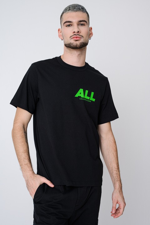 CALVIN KLEIN JEANS, Tricou de bumbac cu decolteu la baza gatului, Negru