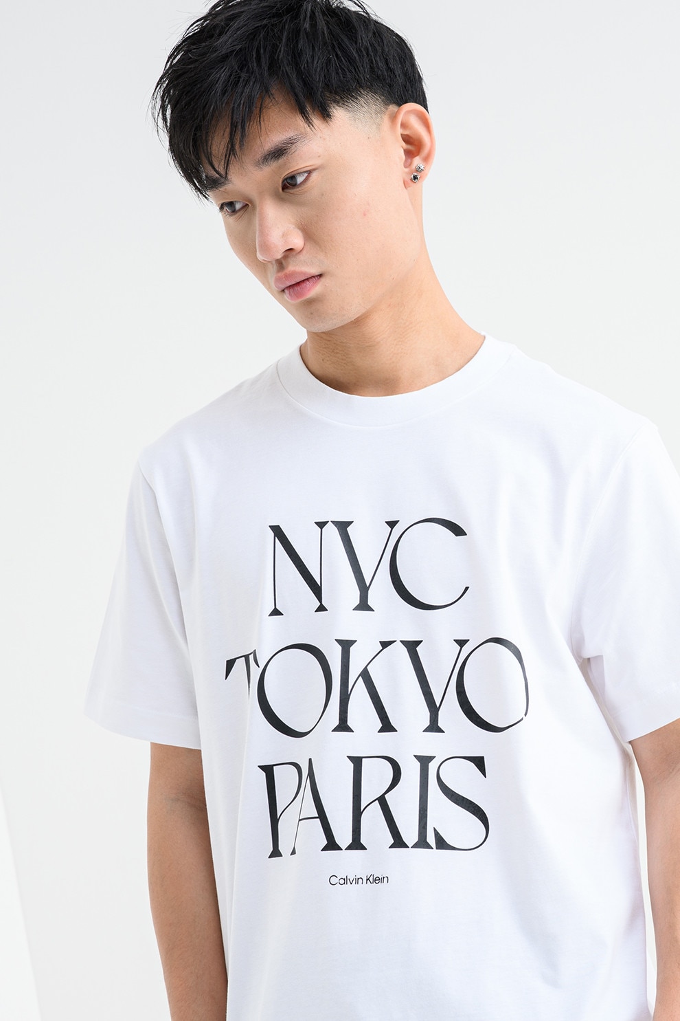 CALVIN KLEIN JEANS, Tricou cu decolteu la baza gatului si text, Alb, Negru, M