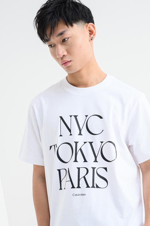 CALVIN KLEIN JEANS, Tricou cu decolteu la baza gatului si text, Alb/Negru