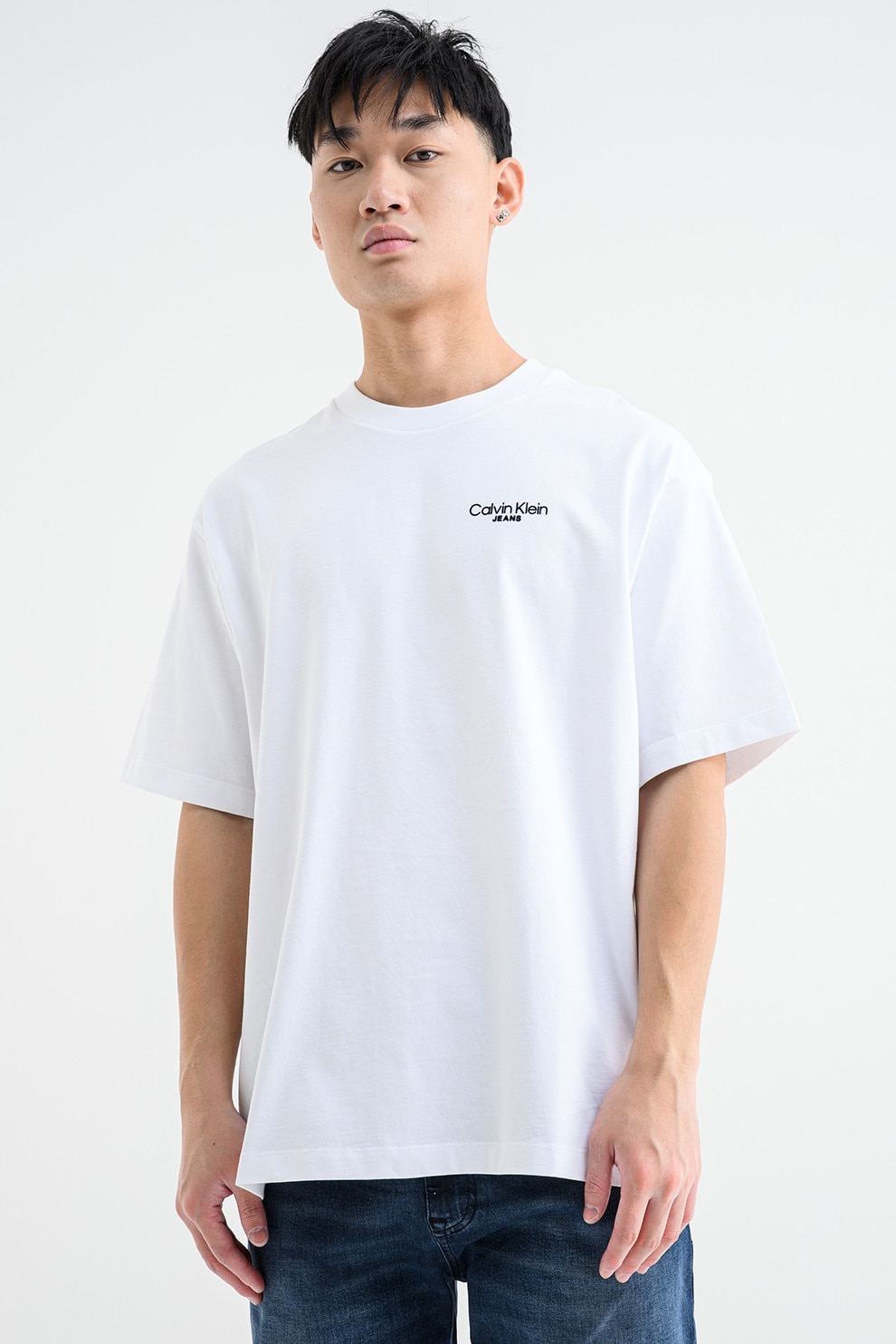 CALVIN KLEIN JEANS, Tricou cu decolteu la baza gatului si logo, Negru, Alb murdar, S