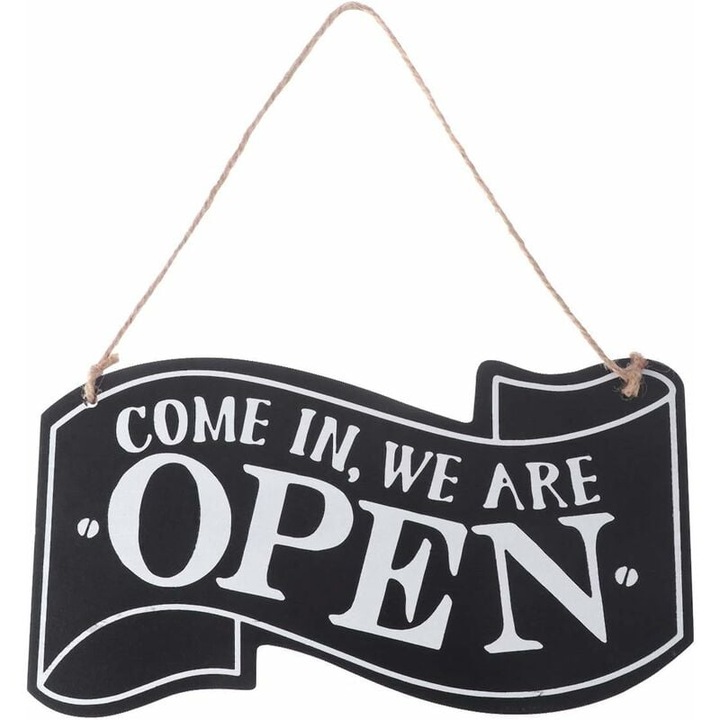 Panou deschis/inchis, din lemn, cu sfoara pentru agatat, design vintage, negru