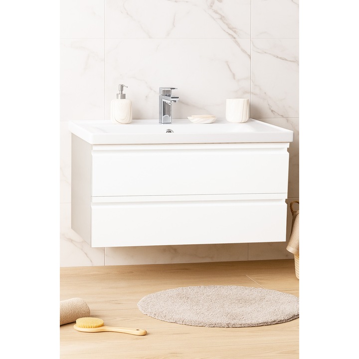 Окачен шкаф за баня и умивалник Badenmob 786, 2 чекмеджета, MDF, PAL, 100x54x45.5 см, Бял