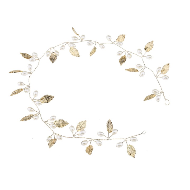 Accesoriu de par handmade, ornament de nunta cu perle, 41cm, auriu