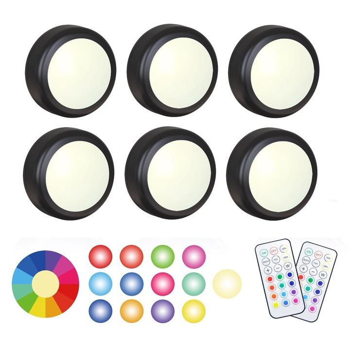 Set 6 lampi de veghe LED, RGB, cu telecomanda, negru, 6.2x6.2x2.6cm