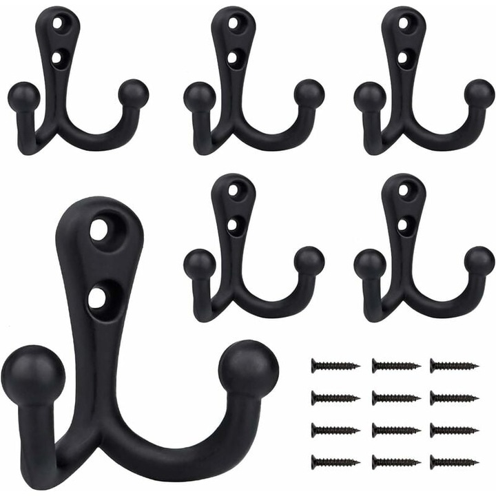 Set 6 carlige duble metalice negre 5x2.3x4.6cm pentru haine si accesorii