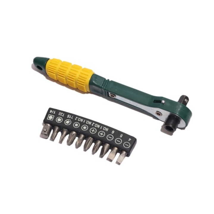Racsnis csavarhúzó + 10 fej, műanyag és fém, kompakt, zöld/sárga