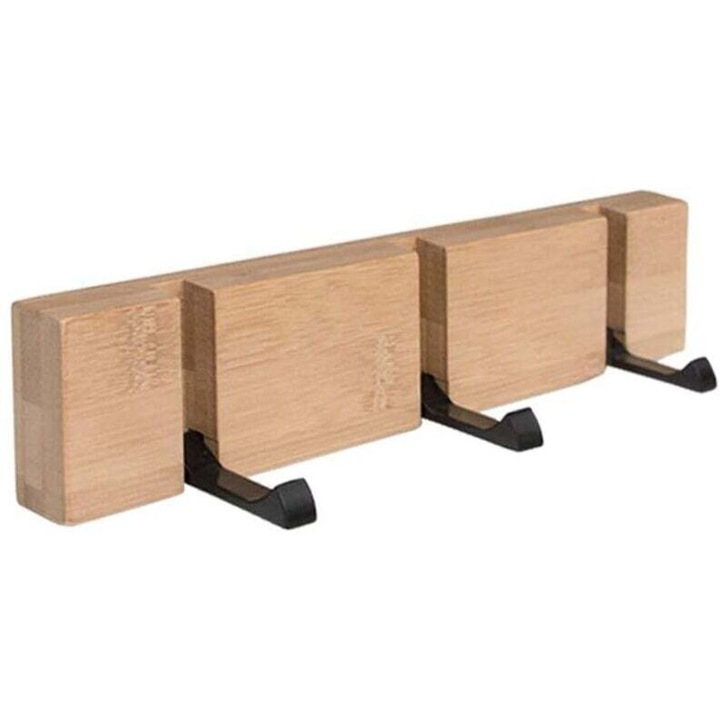 Cuier de perete din bambus cu 5 carlige metalice pliabile, 40x6-10.5x2cm, pentru hol, dormitor, baie