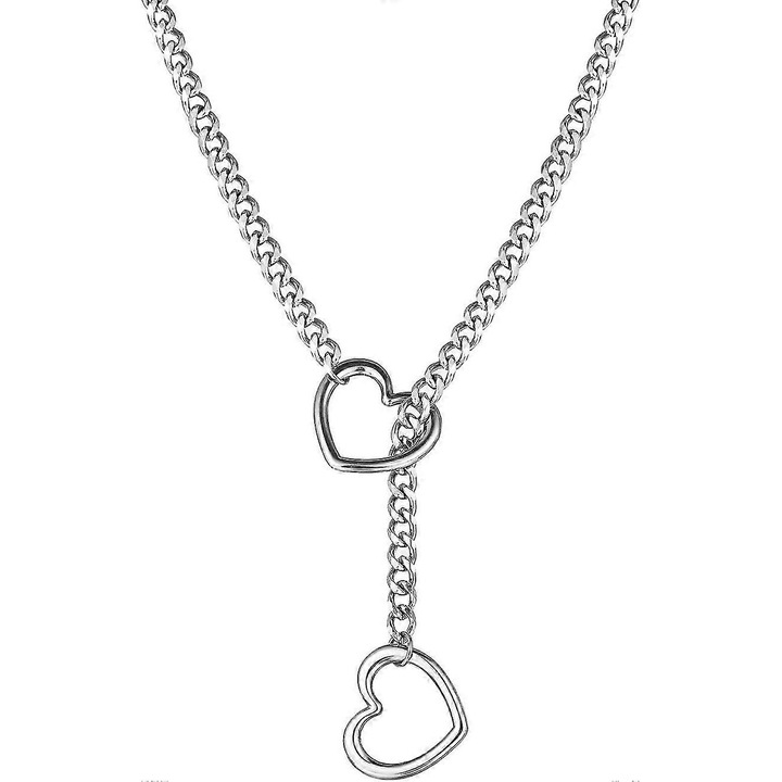 Колие с О-пръстен във формата на сърце за жени, кубинска верижка от неръждаема стомана във формата на сърце, пънк рок колие, ръчно изработено от сребро