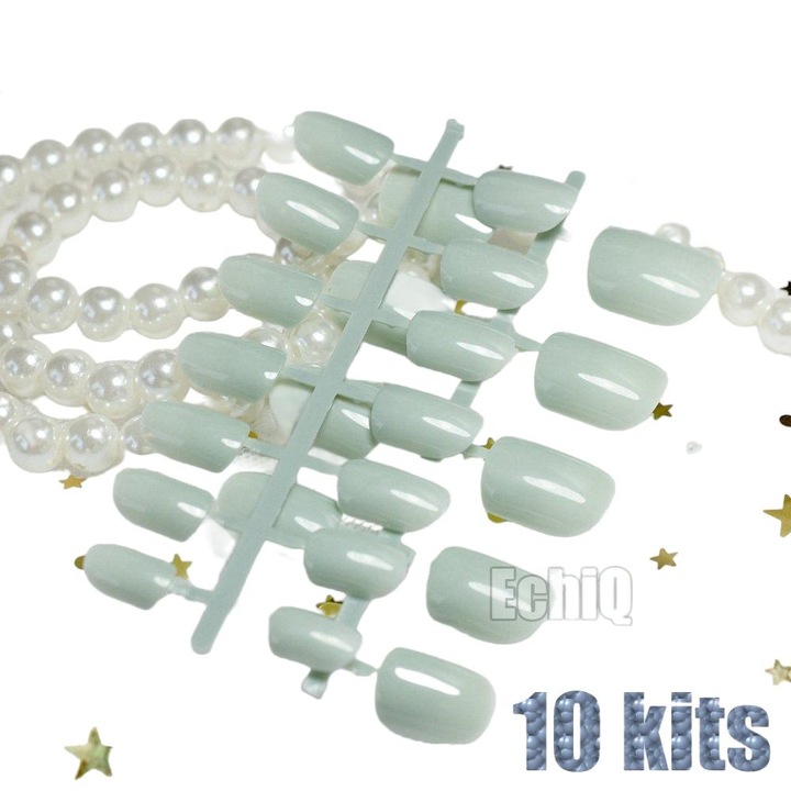 Kit 10 unghii false scurte patrate, Verde