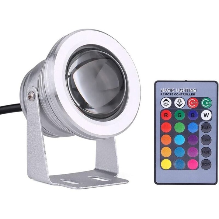 Proiector LED exterior cu telecomanda, 10W, RGB, IP65, 74x85mm, rezistent la apa