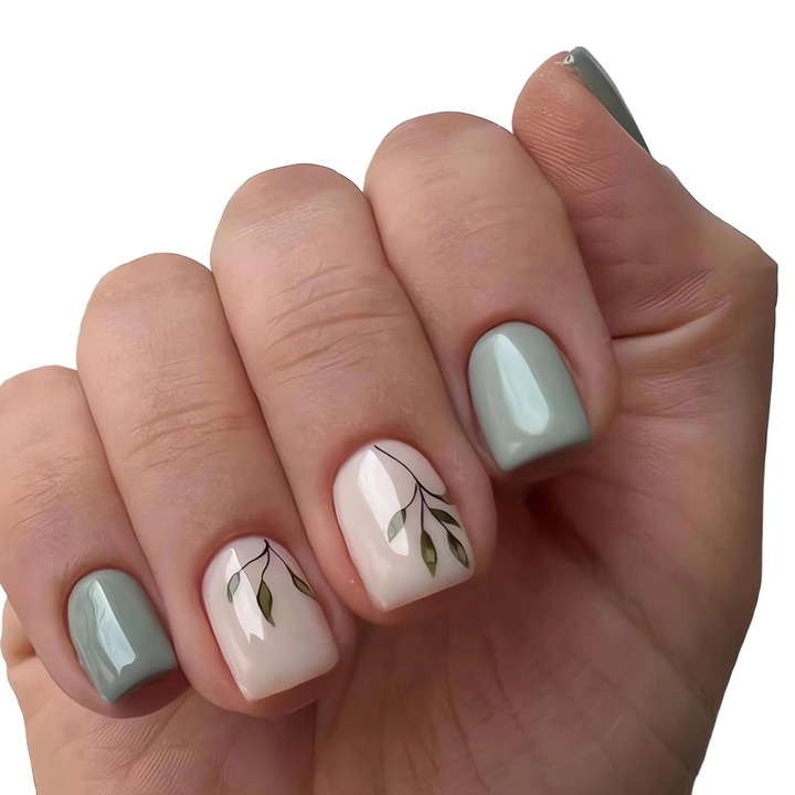 24 darabos rövid, négyzetes műköröm szett, levél mintás, Zöld/Fehér