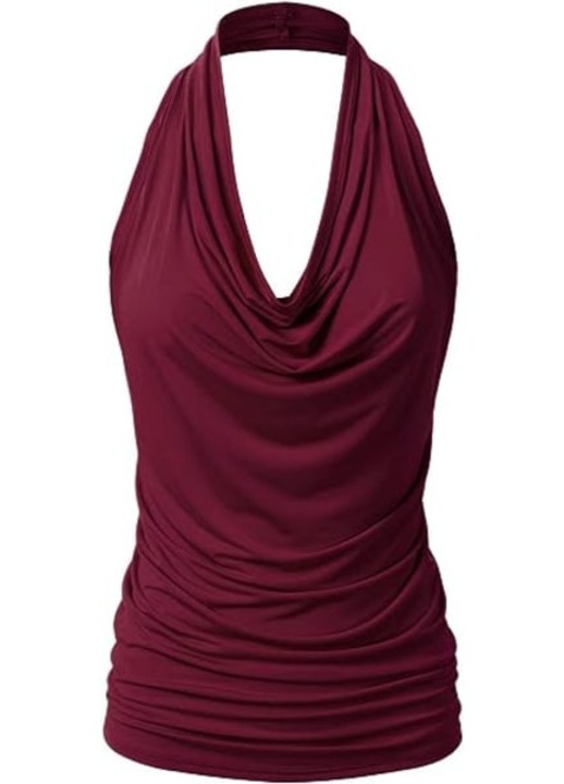 Дамски топ, драпиран, без ръкави, червен, L