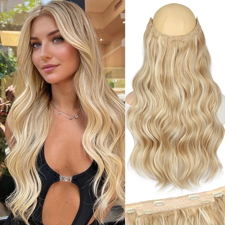 Extensii de par invizibile cu fir transparent, lungi, ondulate, 20 inch, blond, set cu 6 clipsuri ajustabile