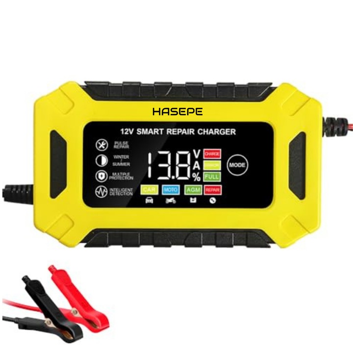 Incarcator baterie auto 12V HASEPE, redresor AUTO inteligent portabil cu MODUL REPARARE si AFISAJ DIGITAL, incarcator baterii cu COMUTARE 3A-6A-10A, pentru BATERII cu PROTECTIE SUPRAINCARCARE, incarcator cu CLESTI si cablu lung 200cm, GALBEN/NEGRU