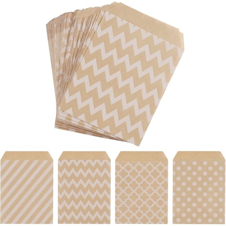 Set 100 pungi din hartie kraft, 4 stiluri, 13x18cm, sigure pentru alimente, pentru bomboane, prajituri, ocazii festive