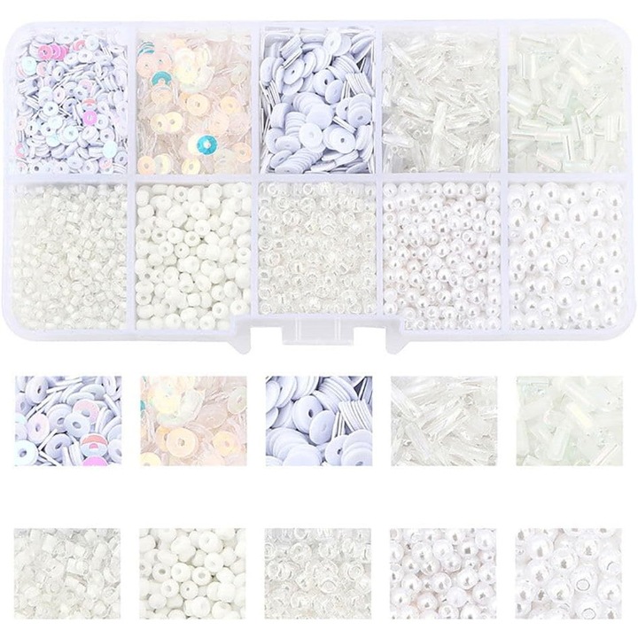 Set de margele pentru bratari, 10 forme, 2mm-7mm, alb, cutie de stocare