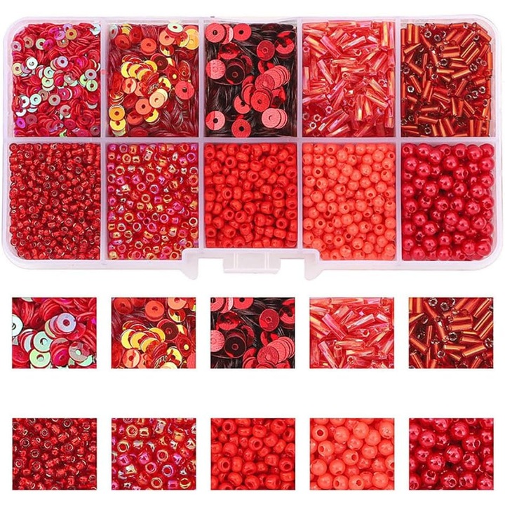 Set de margele pentru bratari, diverse forme, 10 tipuri, 2mm-7mm, cutie de stocare, rosu