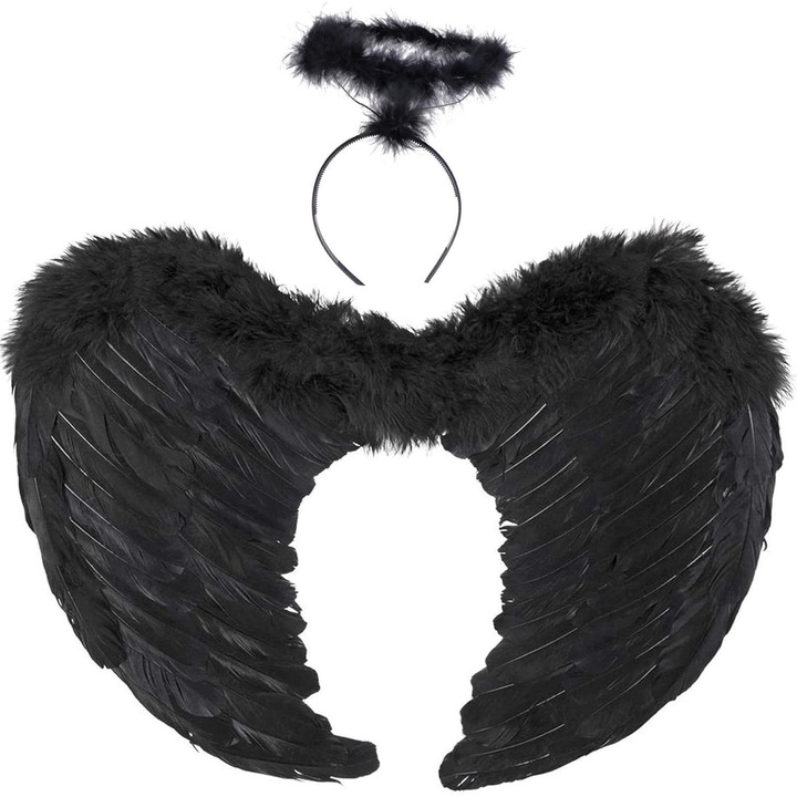 Set costum de inger, aripi negre din pene, diadema cu paiete, 45x30cm, pentru adulti si copii