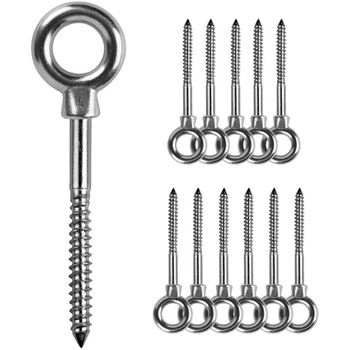 Set de 12 ochiuri de ridicare M6, otel inoxidabil 316, lungime totala 91mm, lungime filet 36mm