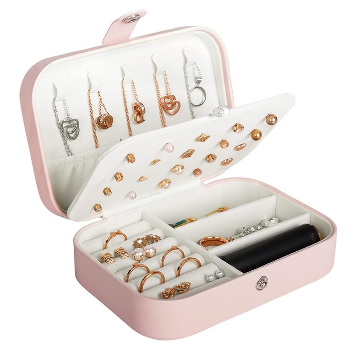 Cutie de bijuterii, roz, 16.5x11.5x5.5cm, capacitate mare de stocare