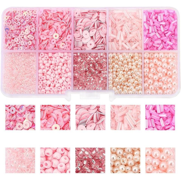 Set de margele pentru bratari, diverse forme, 10 tipuri, 2mm-7mm, cutie de stocare, roz