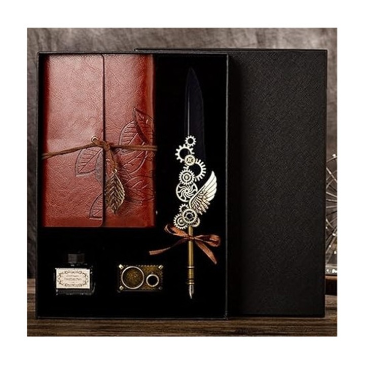 Set Stilou Caligrafie cu Pana Neagra cu Ornamente Metalice, Agenda, Calimara si Suport de Birou