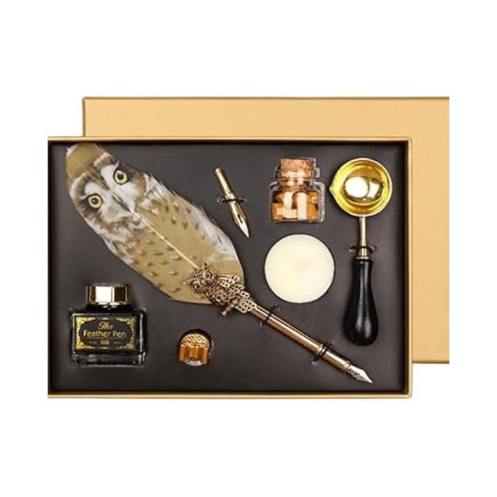 Set Pana de Caligrafie cu Ceara si Calimara, tip Bufnita, Cutie Cadou
