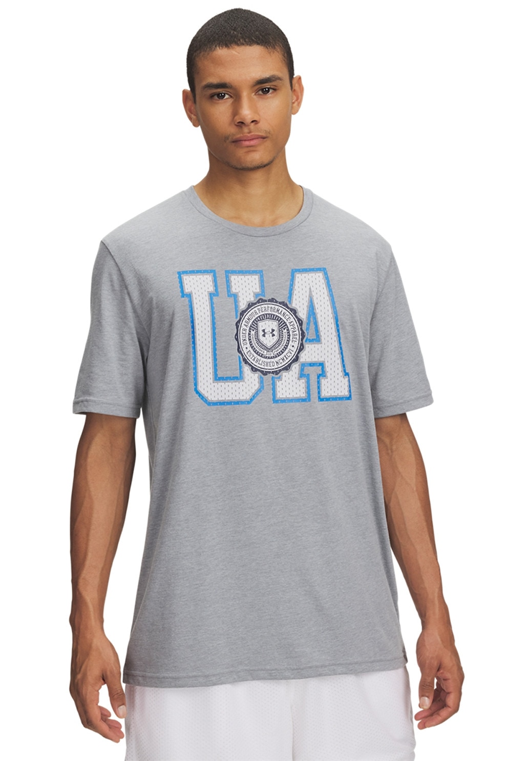 Under Armour, Tricou din amestec de bumbac cu imprimeu logo College, Alb, Gri deschis, Albastru, L