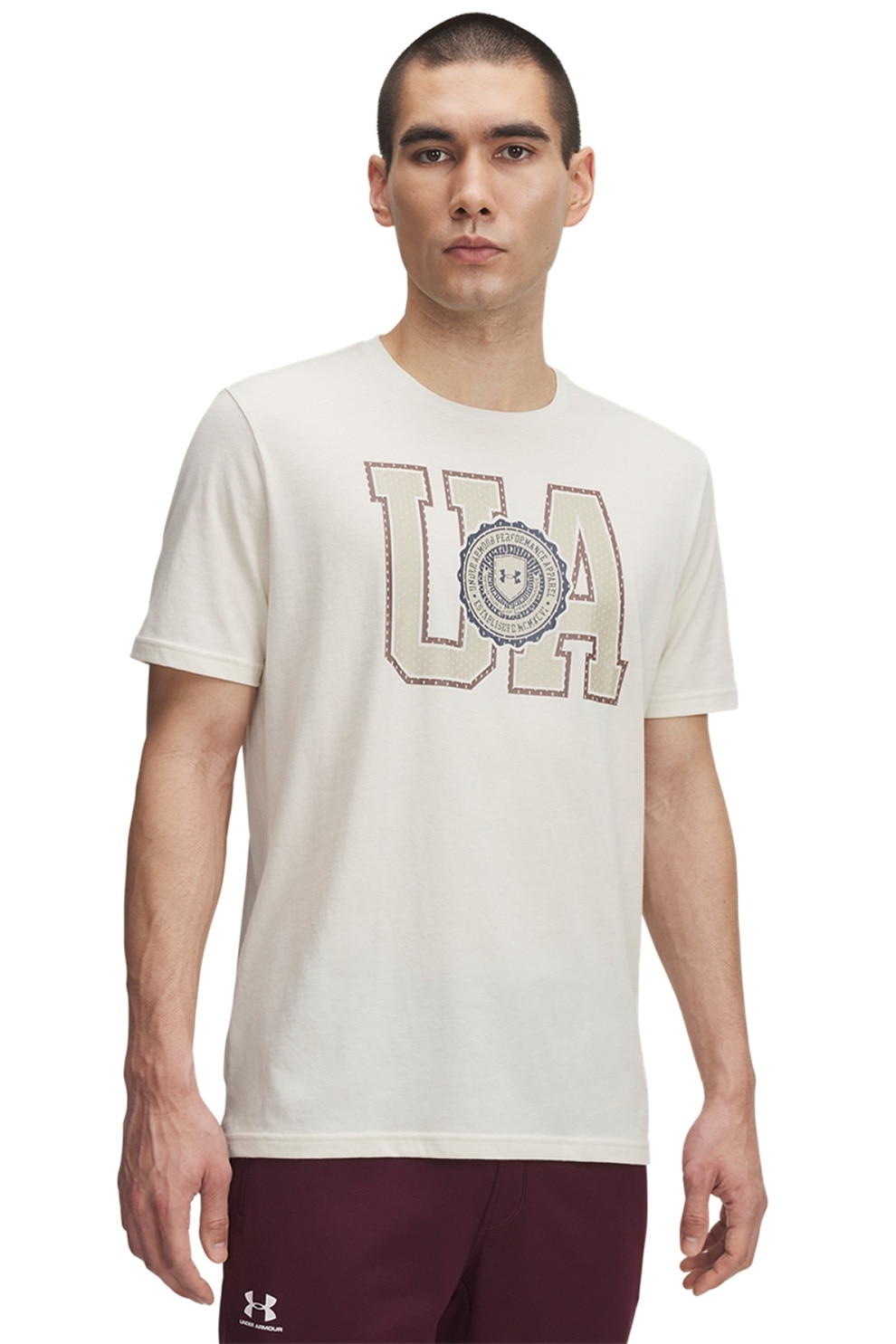 Under Armour, Tricou din amestec de bumbac cu imprimeu logo College, Alb fildes, Bej, XS
