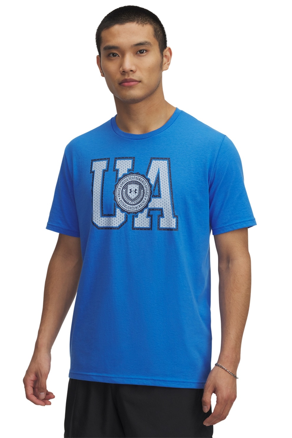 Under Armour, Tricou din amestec de bumbac cu imprimeu logo College, Albastru royal, Alb murdar, XS