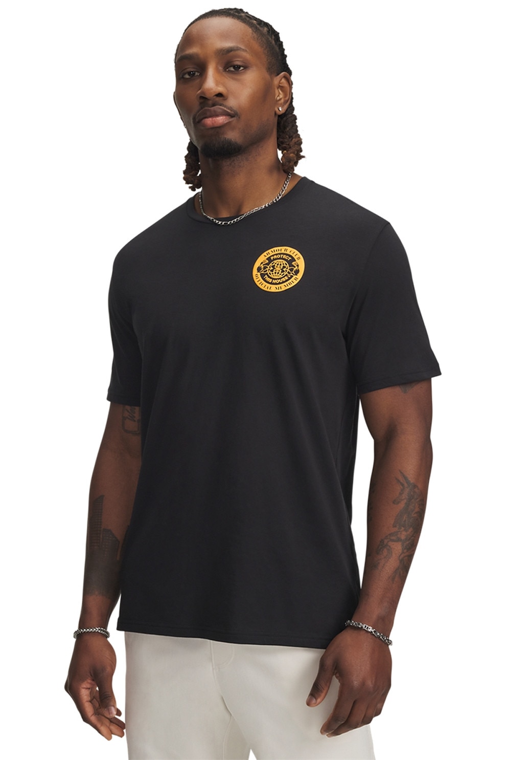 Under Armour, Tricou cu decolteu la baza gatului si imprimeu logo, Negru, Portocaliu pal, S